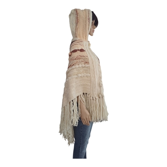 martine gruber vintage 100 pure virgin wool Hand woven poncho with hood fringes - Picture 4 of 16
